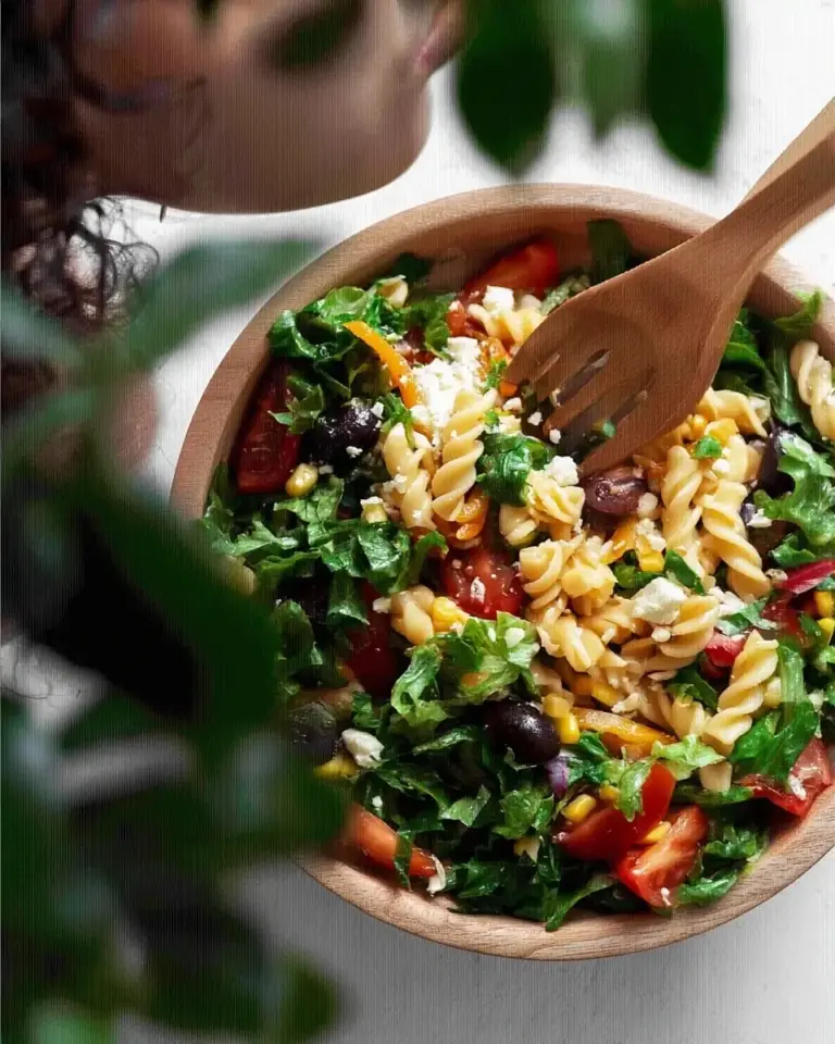 A delicious plate of Greek Chickpea Pasta Salad (Gluten-Free)