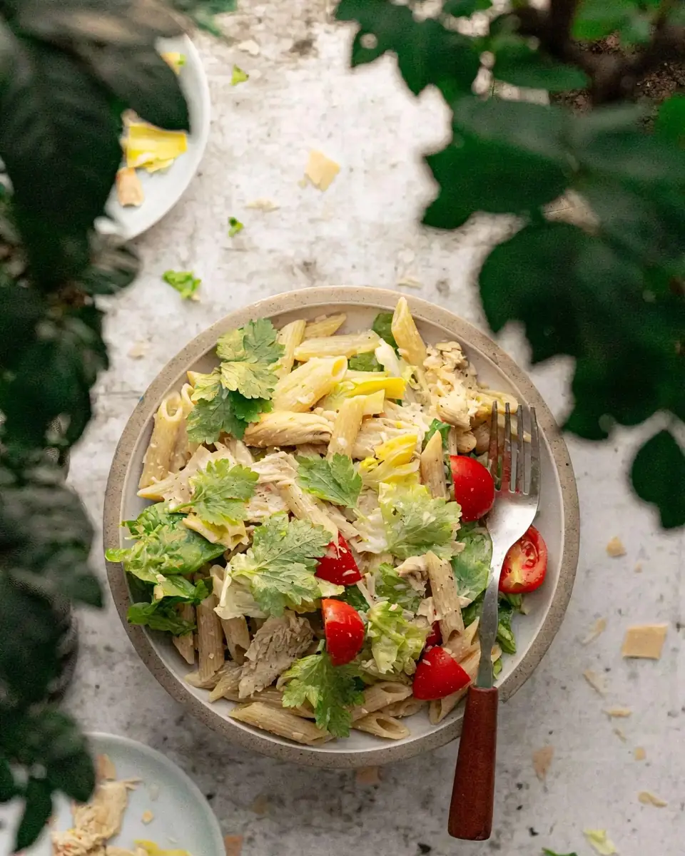 A delicious plate of High-Protein Chicken Caesar Pasta Salad