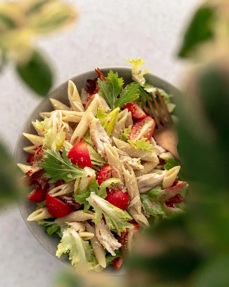 A delicious plate of High-Protein Chicken Caesar Pasta Salad