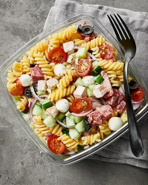 A delicious plate of High-Protein Italian Pasta Salad (That Actually Tastes Amazing)