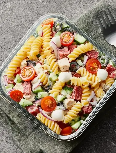 A delicious plate of High-Protein Italian Pasta Salad (That Actually Tastes Amazing)