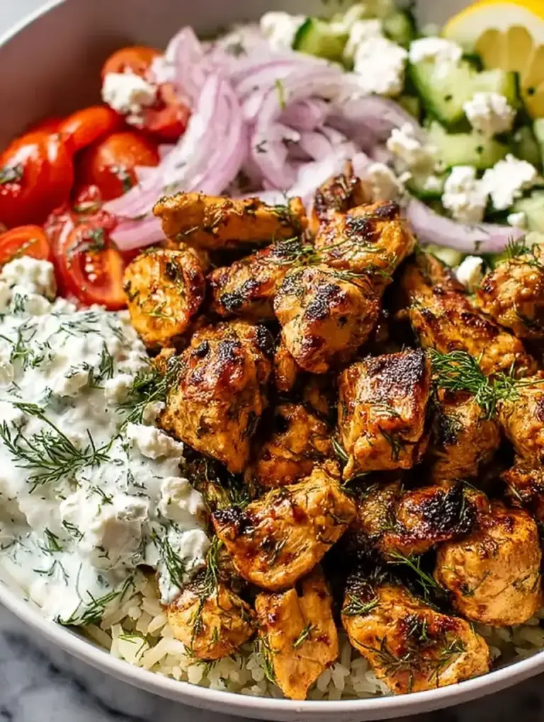 A delicious plate of High Protein Mediterranean Lemon-Dill Chicken Bowls (Easy & Meal Prep Friendly)