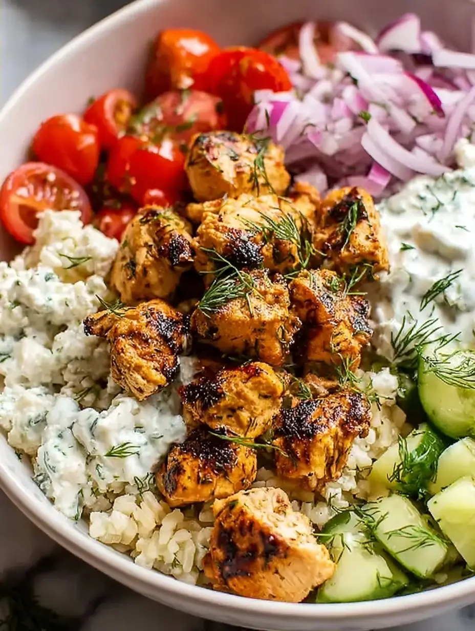 A delicious plate of High Protein Mediterranean Lemon-Dill Chicken Bowls (Easy & Meal Prep Friendly)