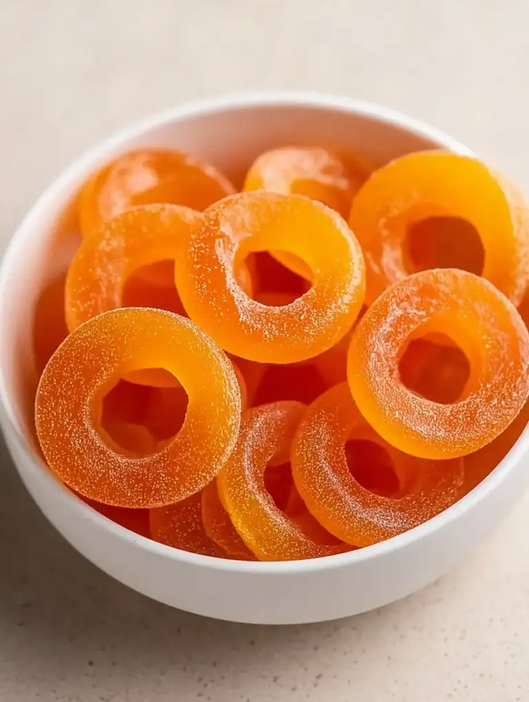 A delicious plate of Homemade Gummy Peach Rings (Chewy + Tangy)