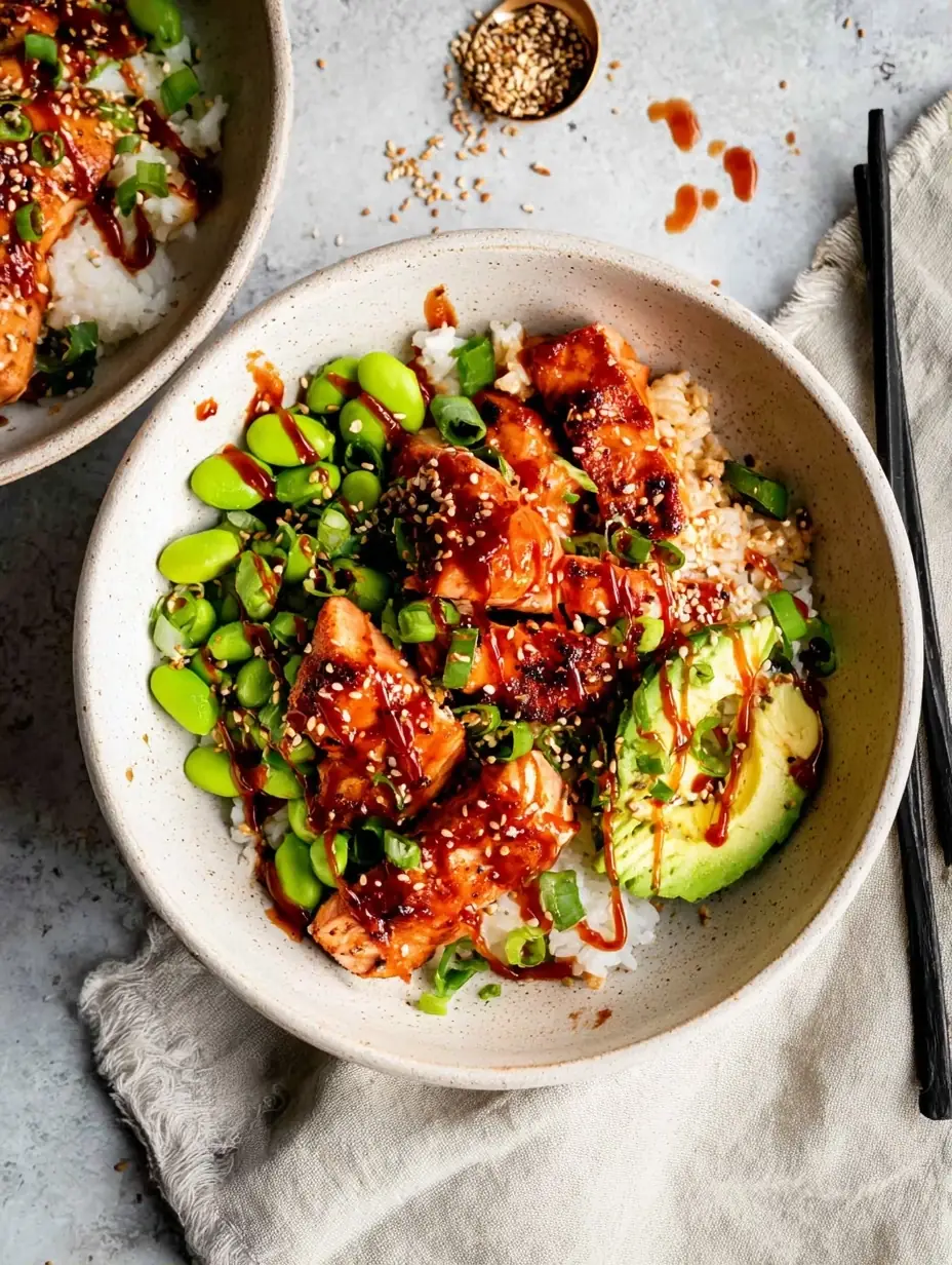 A delicious plate of Honey Sriracha Salmon Bowls
