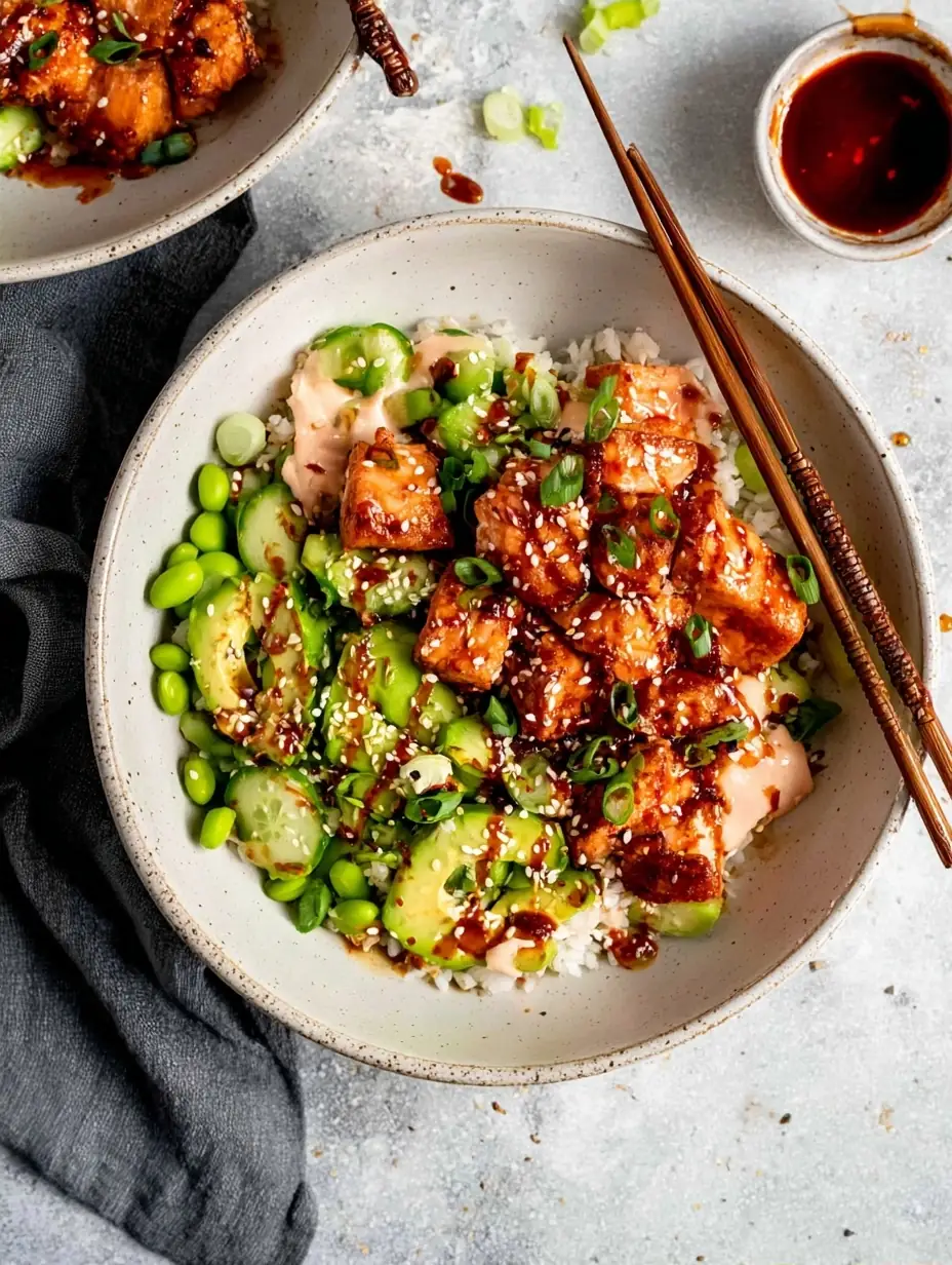 A delicious plate of Honey Sriracha Salmon Bowls