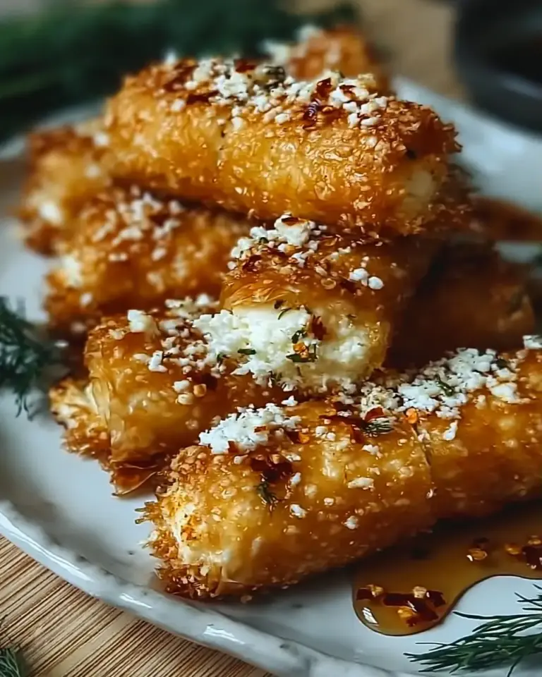A delicious plate of Oven-Fried Feta Rolls with Chili Honey