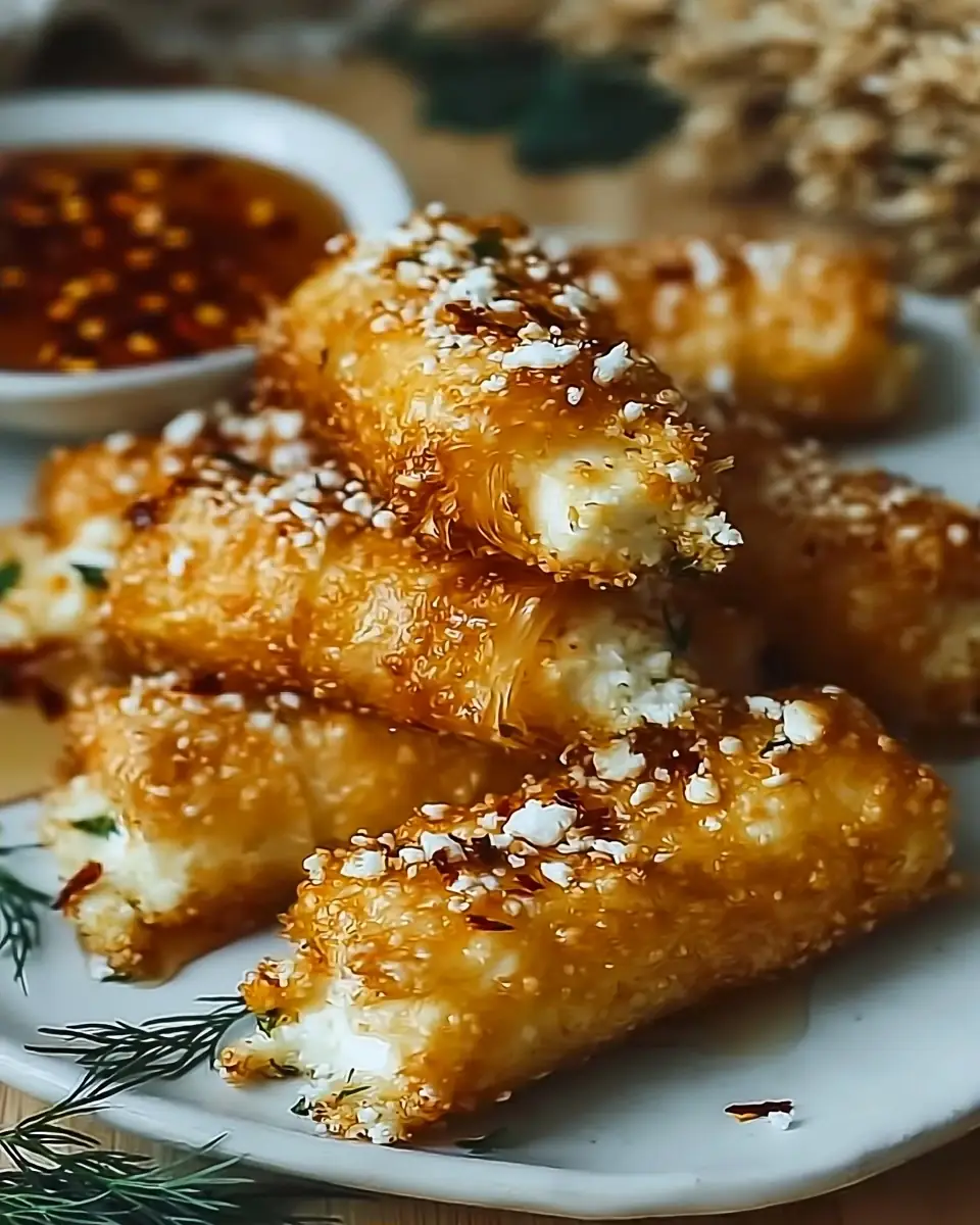 A delicious plate of Oven-Fried Feta Rolls with Chili Honey