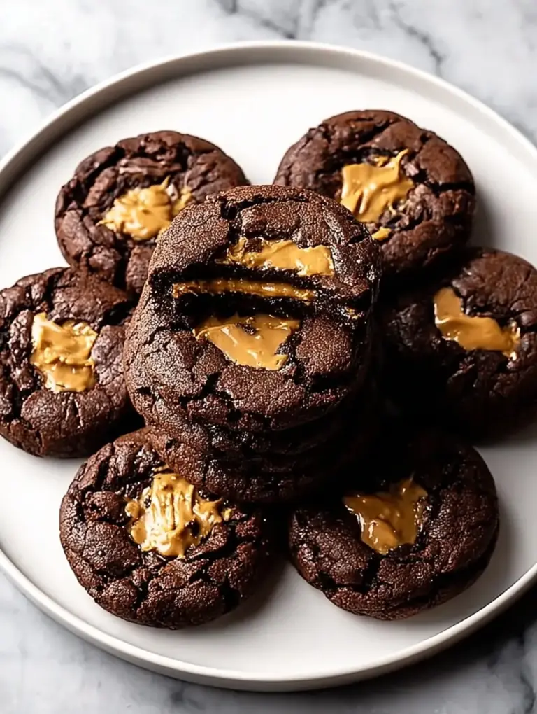 A delicious plate of Peanut Butter Filled Brownie Cookies