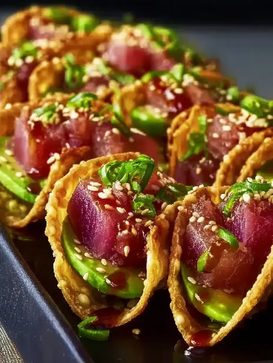 A delicious plate of Spicy Tuna Tartare Wonton Tacos