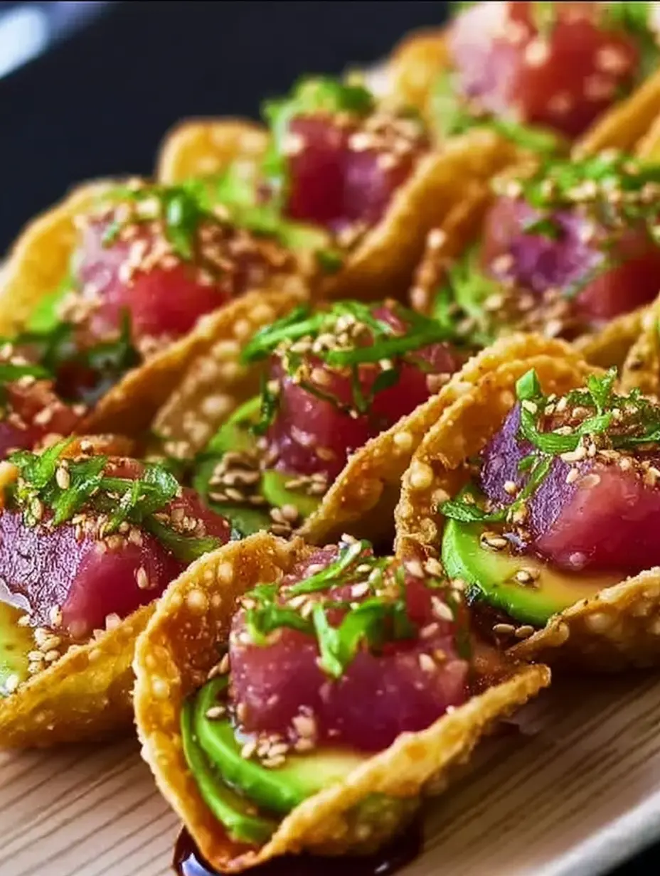 A delicious plate of Spicy Tuna Tartare Wonton Tacos