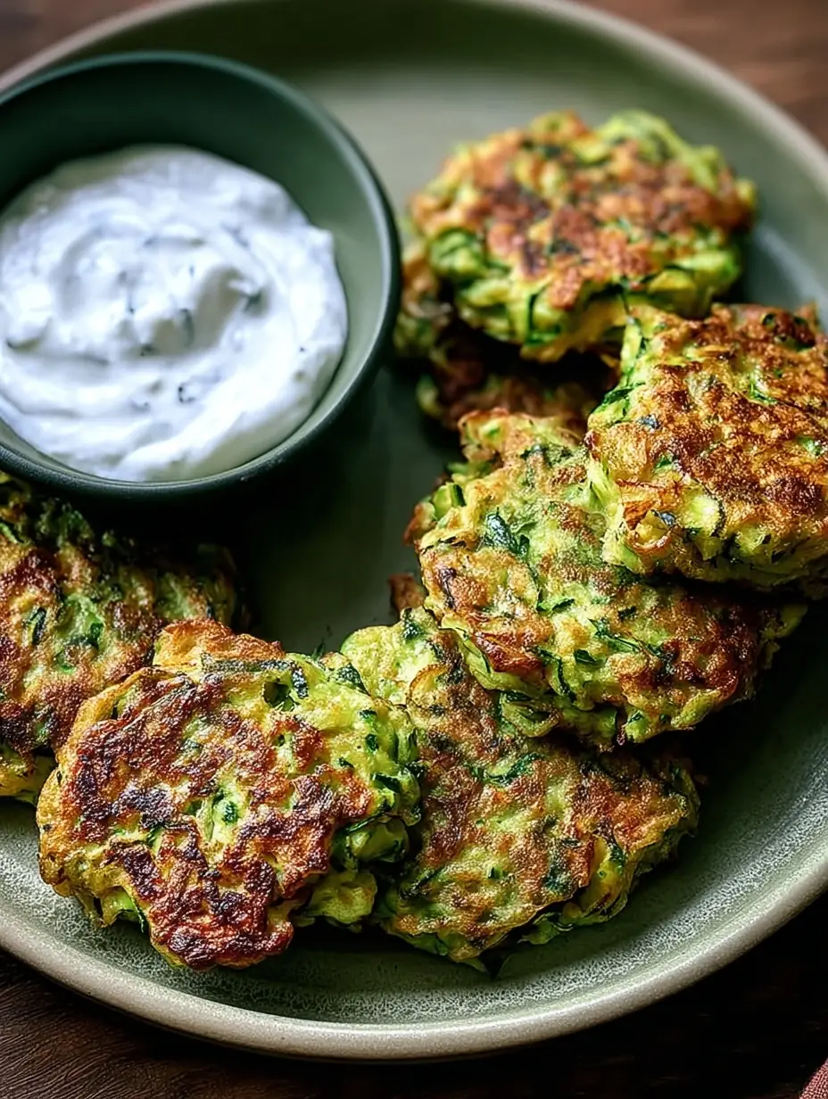 A delicious plate of Zucchini Fritters with Garlic Yogurt Dip – A Must-Try Crunch!