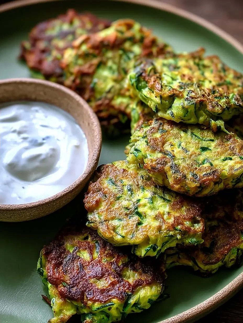 A delicious plate of Zucchini Fritters with Garlic Yogurt Dip – A Must-Try Crunch!